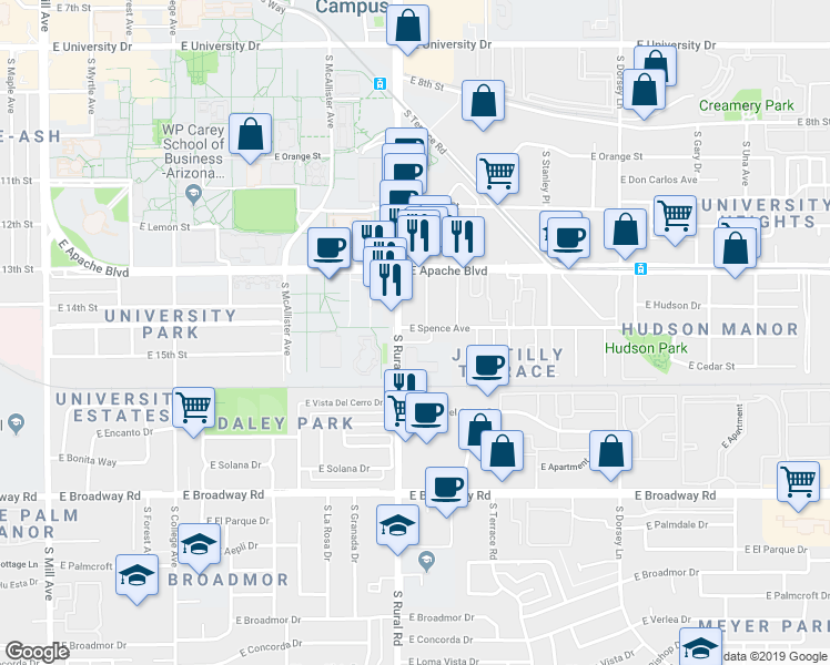 map of restaurants, bars, coffee shops, grocery stores, and more near 913 East Spence Avenue in Tempe