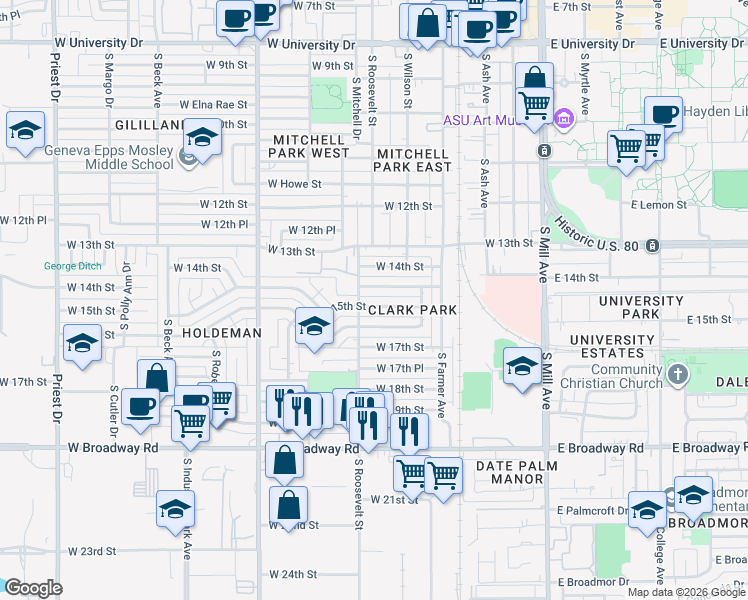 map of restaurants, bars, coffee shops, grocery stores, and more near 519 West 15th Street in Tempe