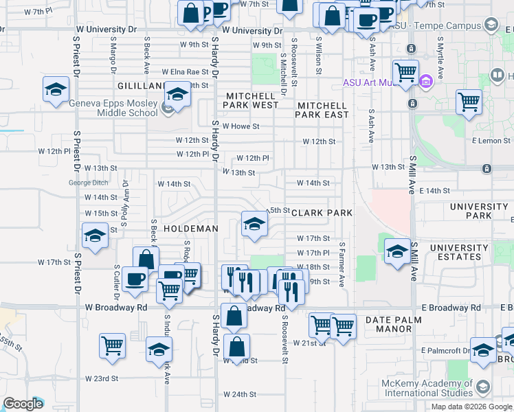 map of restaurants, bars, coffee shops, grocery stores, and more near 706 West Parkway Boulevard in Tempe