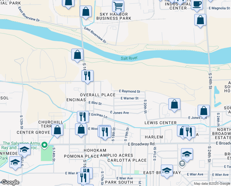 map of restaurants, bars, coffee shops, grocery stores, and more near 1812 East Warner Street in Phoenix