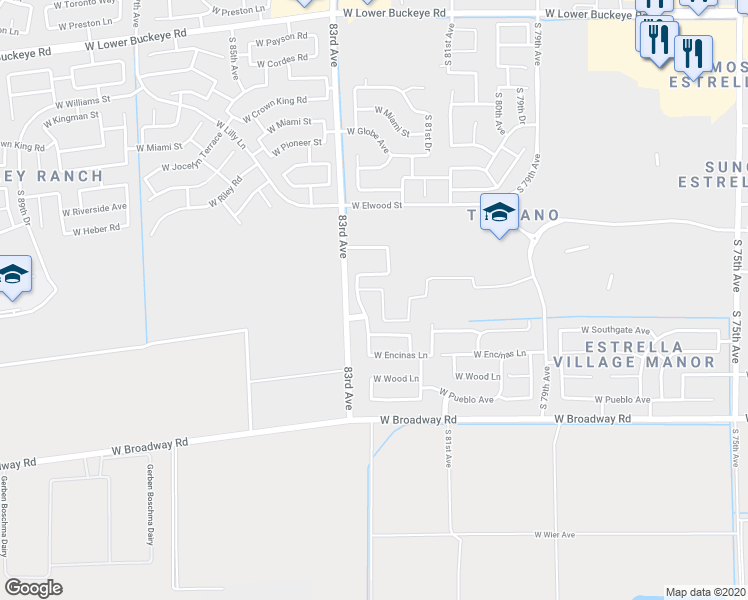 map of restaurants, bars, coffee shops, grocery stores, and more near 8237 West Odeum Lane in Phoenix