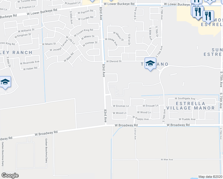 map of restaurants, bars, coffee shops, grocery stores, and more near 8237 West Odeum Lane in Phoenix