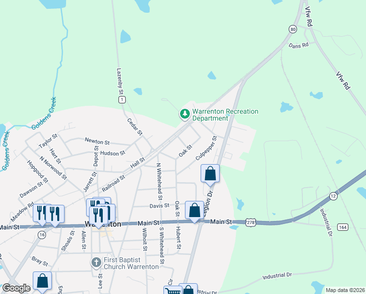 map of restaurants, bars, coffee shops, grocery stores, and more near 400 Oak Street in Warrenton