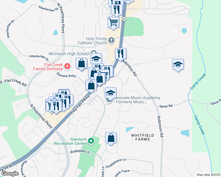map of restaurants, bars, coffee shops, grocery stores, and more near 109 Petrol Point in Peachtree City