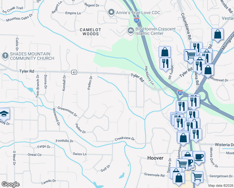 map of restaurants, bars, coffee shops, grocery stores, and more near 711 Inwood Terrace in Vestavia Hills