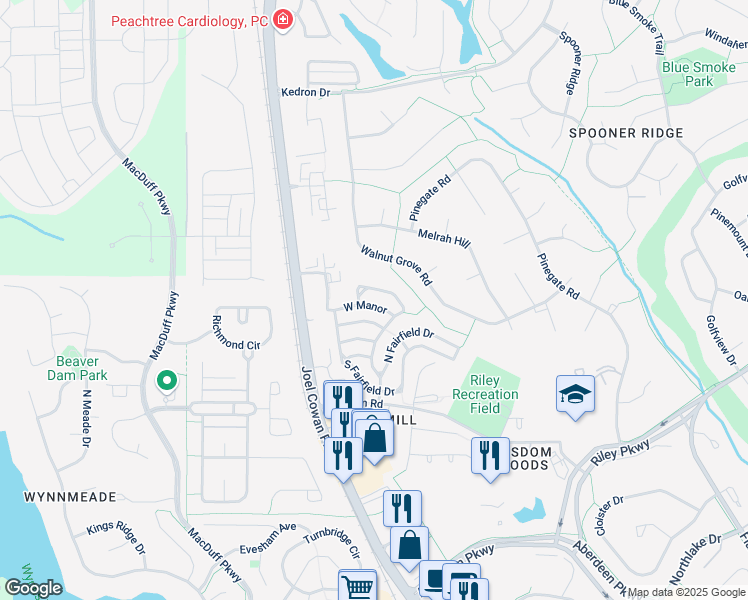 map of restaurants, bars, coffee shops, grocery stores, and more near 612 West Manor in Peachtree City