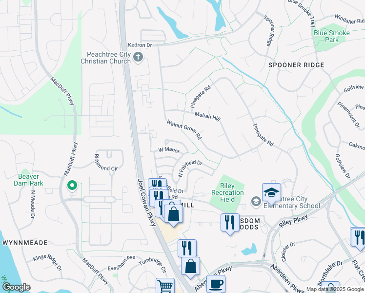 map of restaurants, bars, coffee shops, grocery stores, and more near 548 North Fairfield Drive in Peachtree City