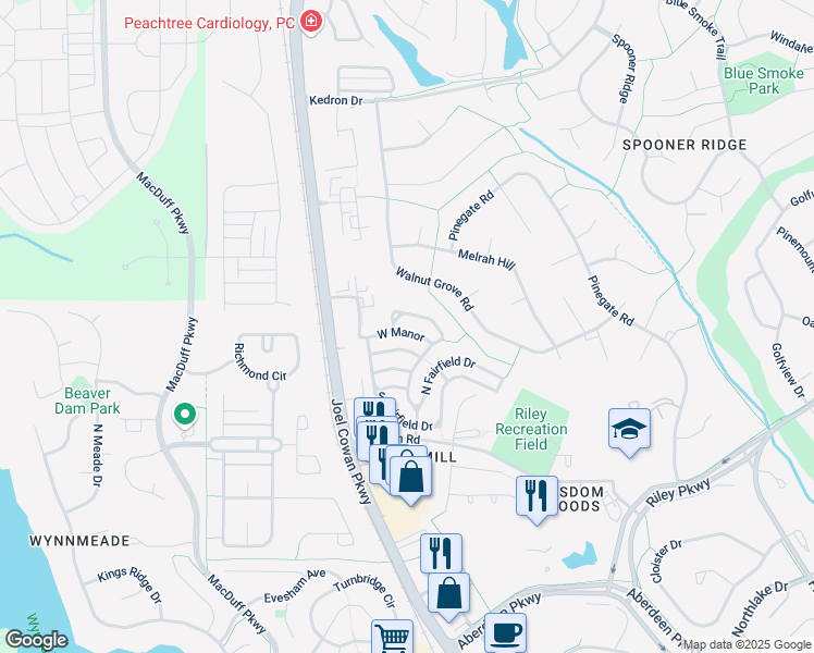 map of restaurants, bars, coffee shops, grocery stores, and more near 614 West Manor in Peachtree City