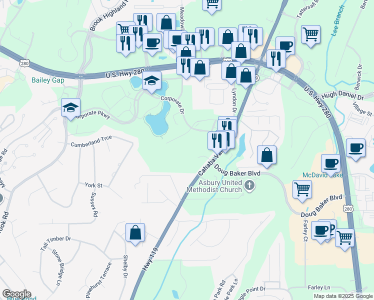 map of restaurants, bars, coffee shops, grocery stores, and more near 2600 Corporate Drive in Birmingham