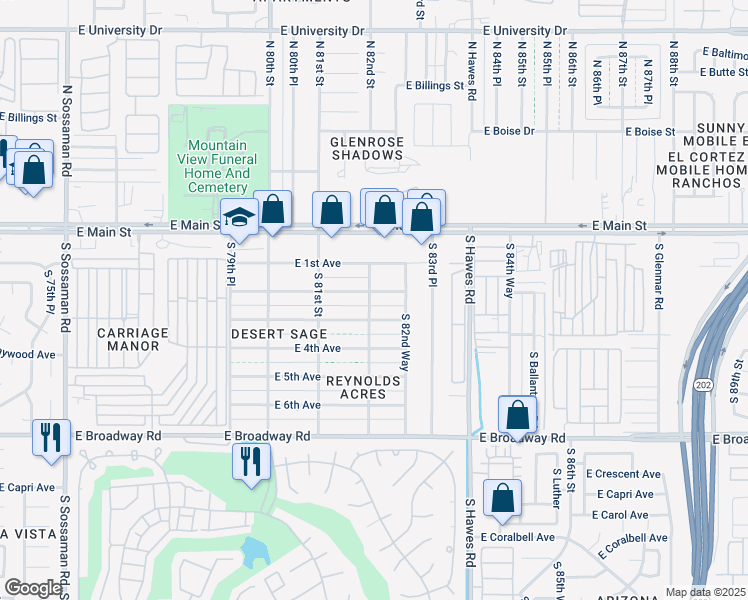 map of restaurants, bars, coffee shops, grocery stores, and more near 8201 East 2nd Avenue in Mesa