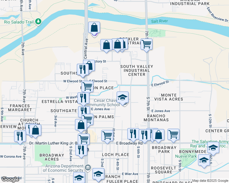 map of restaurants, bars, coffee shops, grocery stores, and more near 3626 South 3rd Place in Phoenix