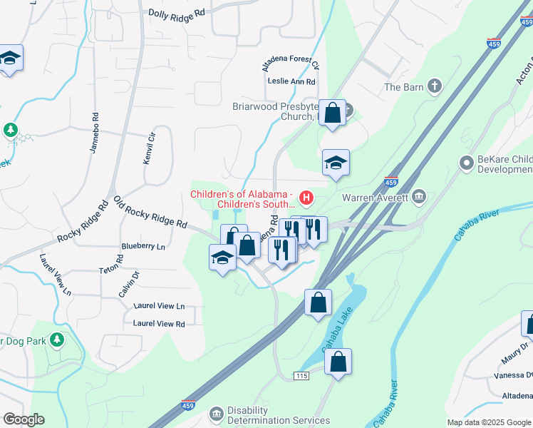 map of restaurants, bars, coffee shops, grocery stores, and more near 2426 Altadena Road in Vestavia Hills