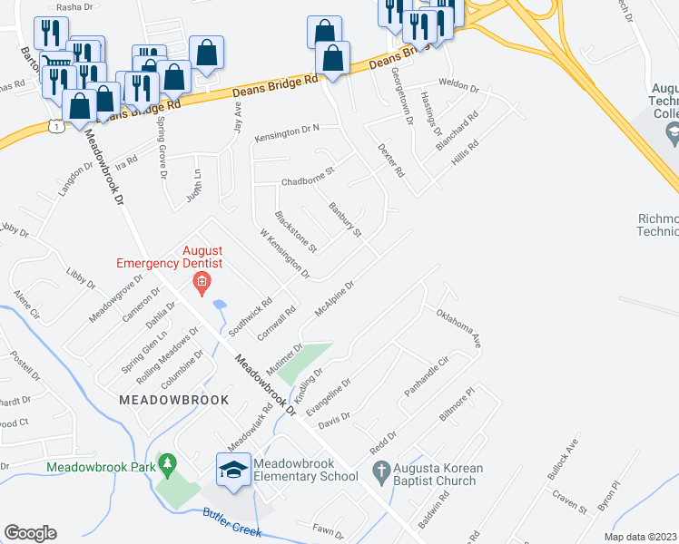 map of restaurants, bars, coffee shops, grocery stores, and more near 3428 Kensington Drive South in Augusta