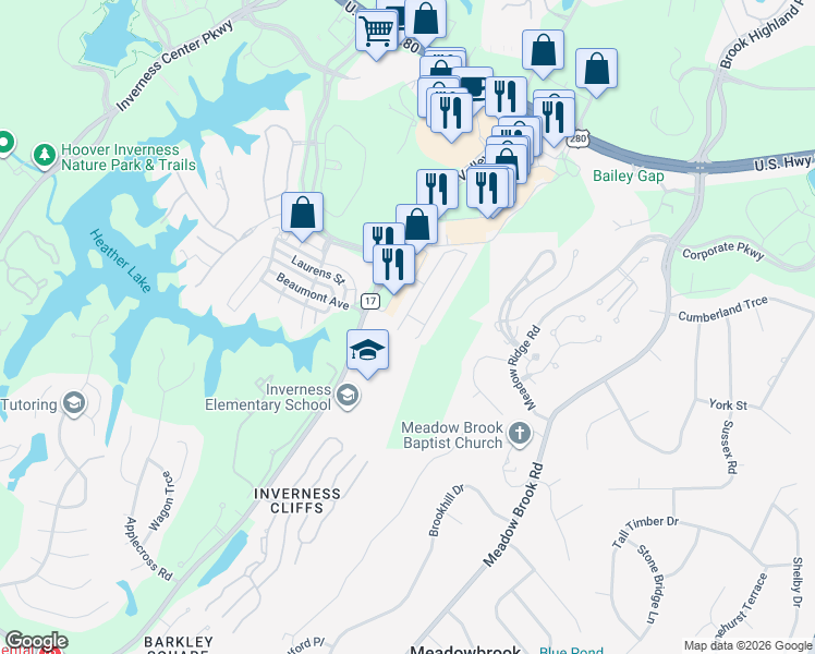 map of restaurants, bars, coffee shops, grocery stores, and more near 4018 Highland Ridge Road in Meadowbrook