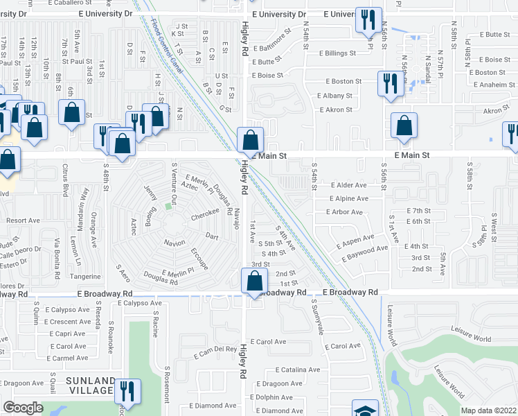 map of restaurants, bars, coffee shops, grocery stores, and more near 207 1st Avenue in Mesa