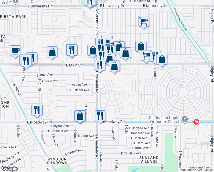 map of restaurants, bars, coffee shops, grocery stores, and more near Candice Lane in Mesa