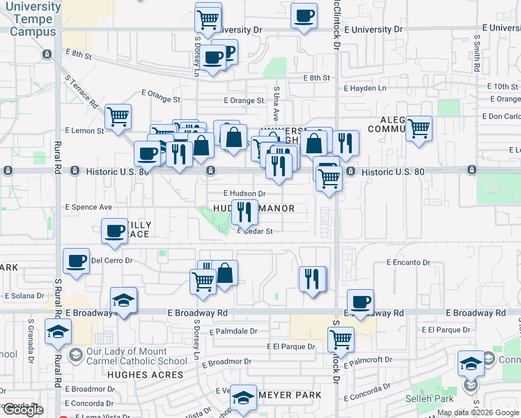 map of restaurants, bars, coffee shops, grocery stores, and more near 1515 East Williams Street in Tempe