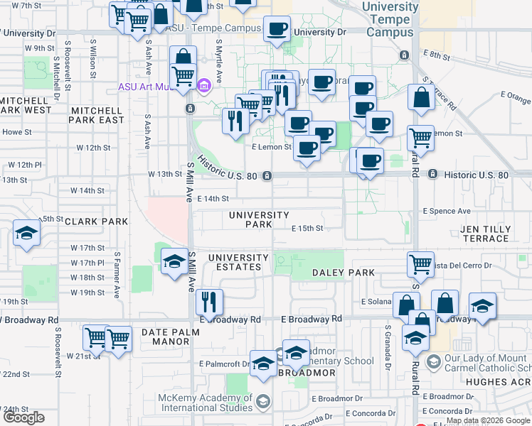map of restaurants, bars, coffee shops, grocery stores, and more near 122 East 15th Street in Tempe