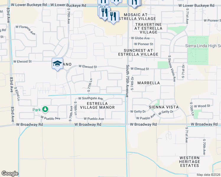 map of restaurants, bars, coffee shops, grocery stores, and more near 7612 West Jones Avenue in Phoenix