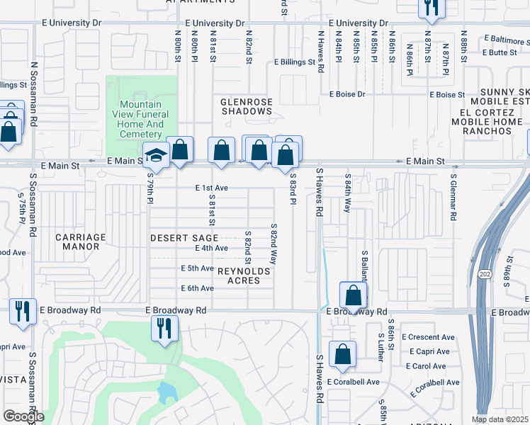 map of restaurants, bars, coffee shops, grocery stores, and more near 8201 East 2nd Avenue in Mesa