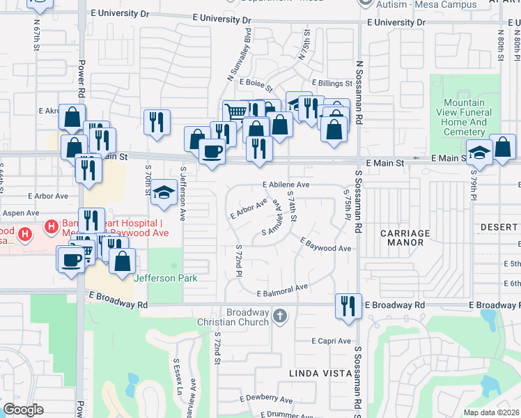 map of restaurants, bars, coffee shops, grocery stores, and more near 7318 East Azalea Avenue in Mesa