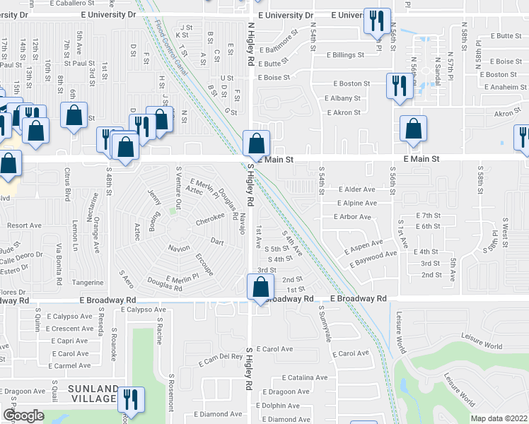 map of restaurants, bars, coffee shops, grocery stores, and more near 207 1st Avenue in Mesa