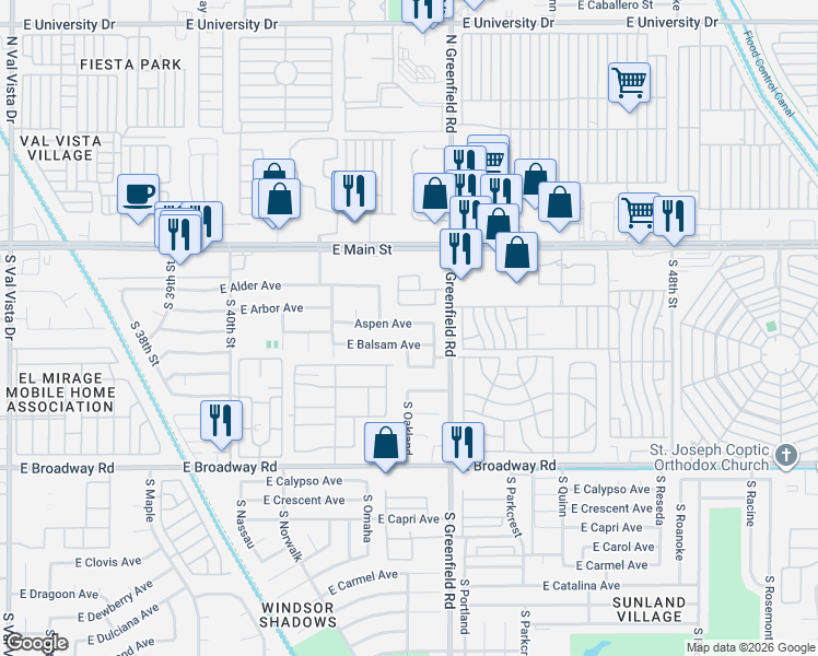 map of restaurants, bars, coffee shops, grocery stores, and more near 4322 East Balsam Avenue in Mesa