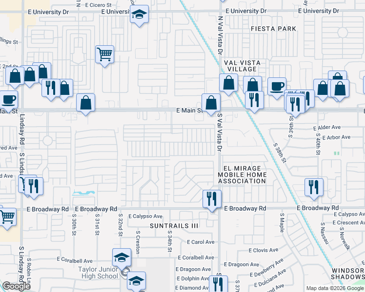 map of restaurants, bars, coffee shops, grocery stores, and more near Mobile Home Park in Mesa