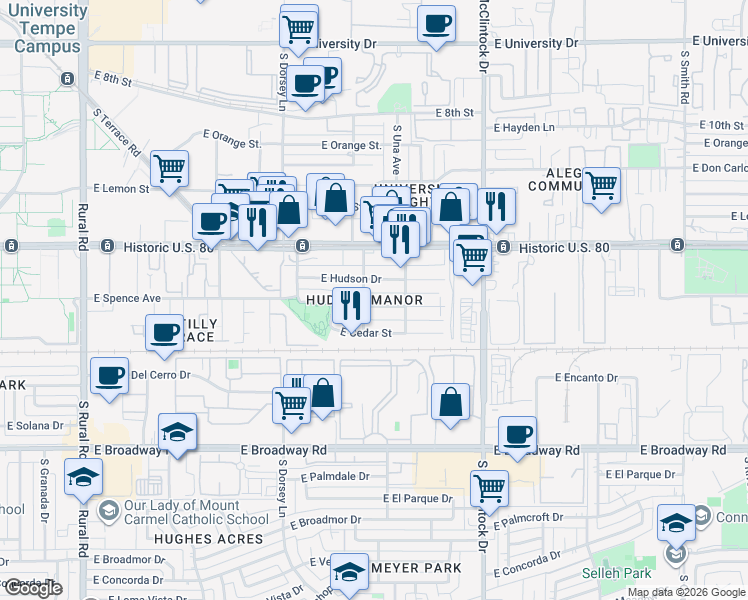 map of restaurants, bars, coffee shops, grocery stores, and more near 1515 East Williams Street in Tempe