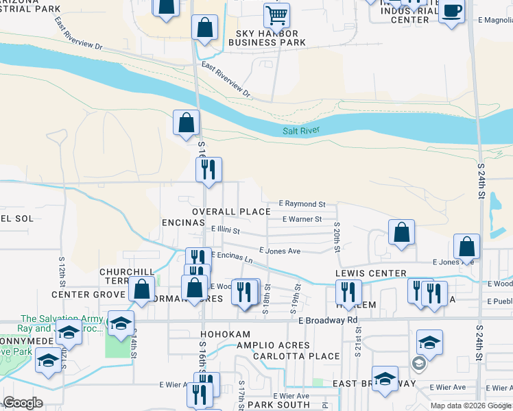 map of restaurants, bars, coffee shops, grocery stores, and more near 3850 South 18th Street in Phoenix