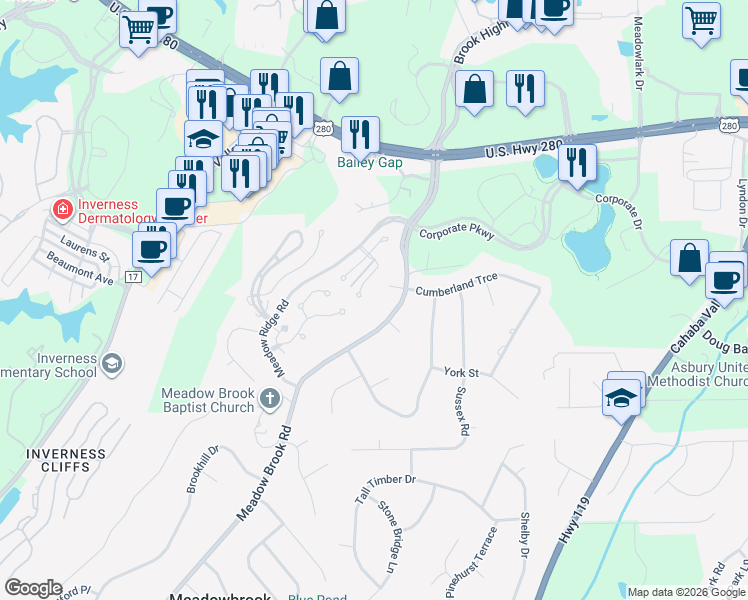 map of restaurants, bars, coffee shops, grocery stores, and more near 4932 Meadow Brook Road in Birmingham