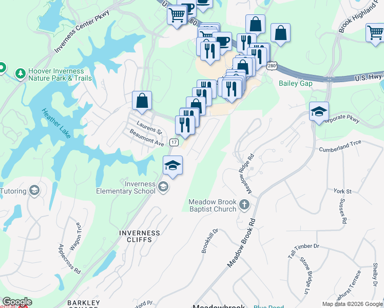 map of restaurants, bars, coffee shops, grocery stores, and more near 4018 Highland Ridge Road in Meadowbrook