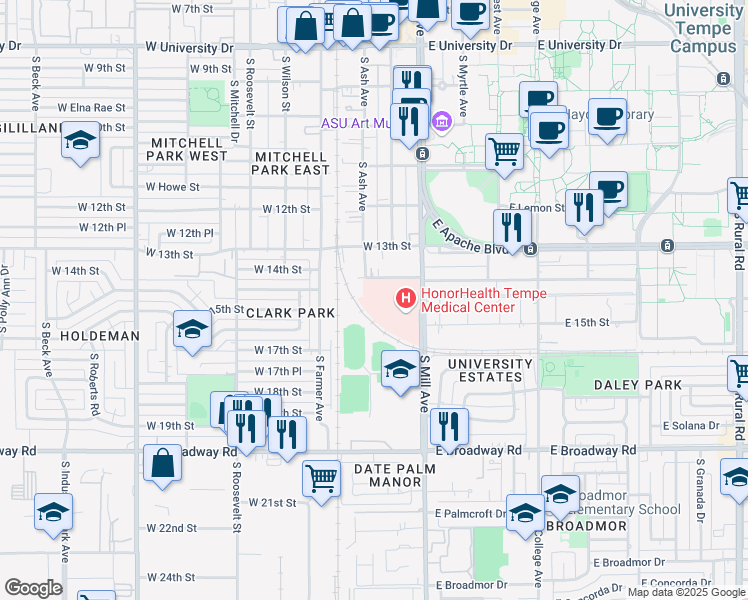 map of restaurants, bars, coffee shops, grocery stores, and more near 1492 South Mill Avenue in Tempe