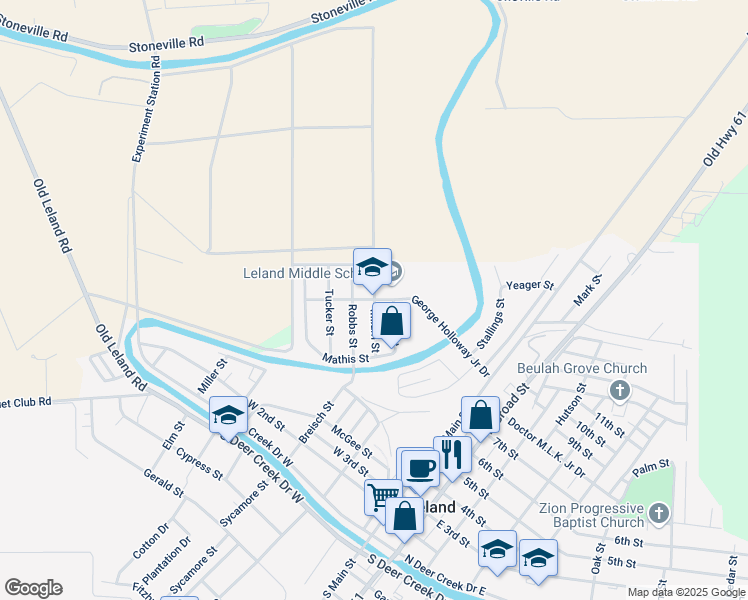 map of restaurants, bars, coffee shops, grocery stores, and more near 200 Milam Street in Leland