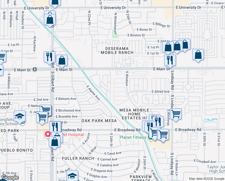 map of restaurants, bars, coffee shops, grocery stores, and more near 2345 East Main Street in Mesa