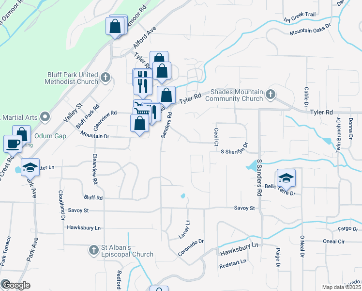 map of restaurants, bars, coffee shops, grocery stores, and more near 2226 McGwier Drive in Hoover