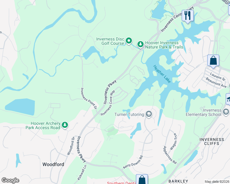 map of restaurants, bars, coffee shops, grocery stores, and more near 1165 Inverness Cove Way in Birmingham