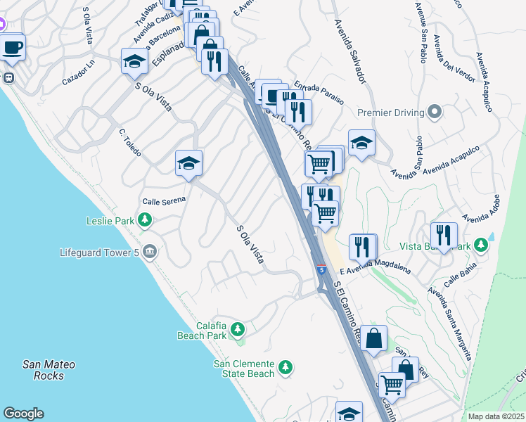map of restaurants, bars, coffee shops, grocery stores, and more near 162 West Avenida Junipero in San Clemente