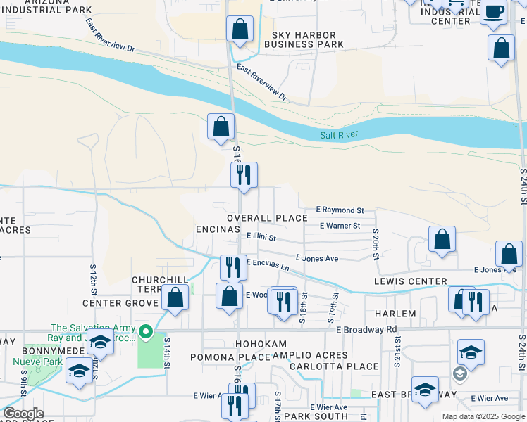 map of restaurants, bars, coffee shops, grocery stores, and more near 1632 East Warner Street in Phoenix