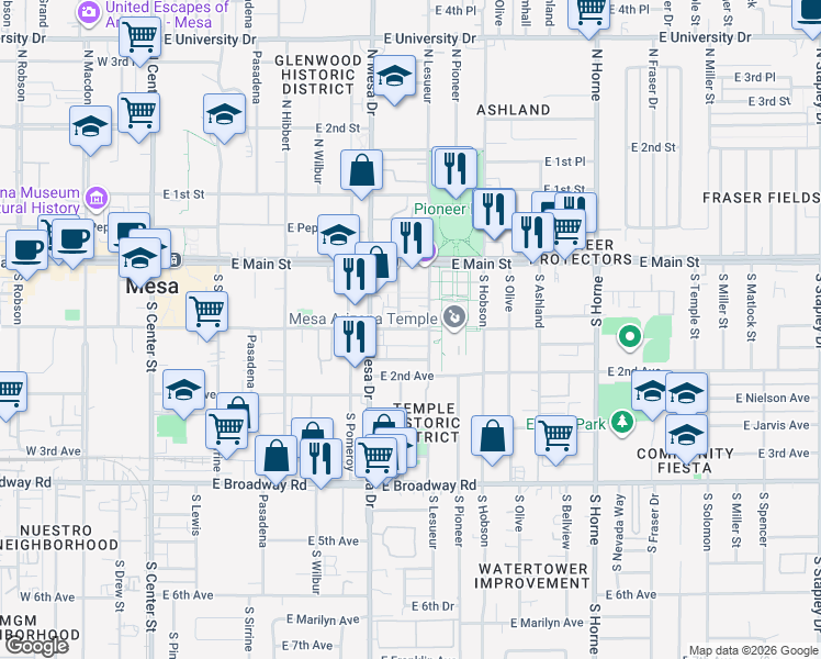 map of restaurants, bars, coffee shops, grocery stores, and more near 429 East 1st Avenue in Mesa