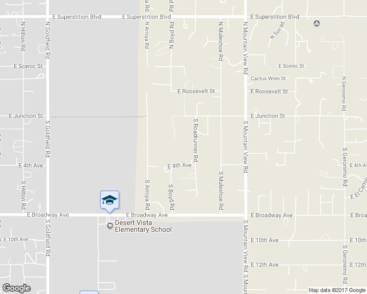 map of restaurants, bars, coffee shops, grocery stores, and more near 200 South Roadrunner Road in Apache Junction