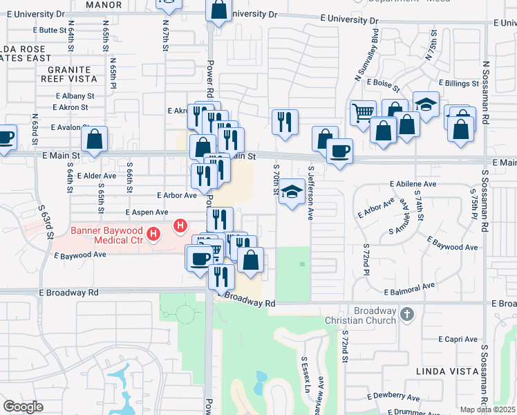 map of restaurants, bars, coffee shops, grocery stores, and more near 118 South 70th Street in Mesa
