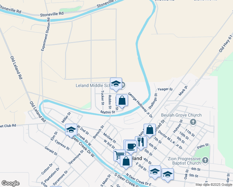 map of restaurants, bars, coffee shops, grocery stores, and more near 200 Milam Street in Leland