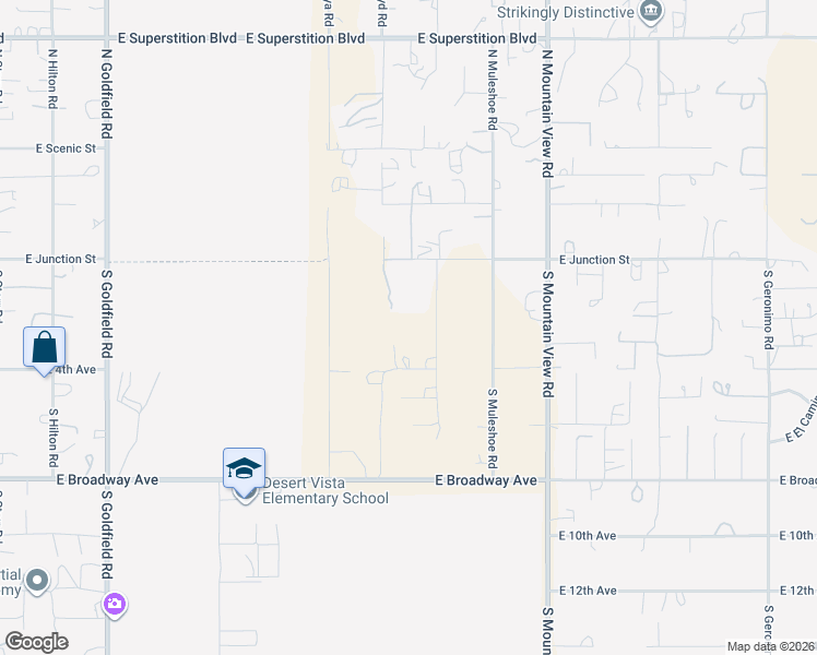 map of restaurants, bars, coffee shops, grocery stores, and more near 200 South Roadrunner Road in Apache Junction
