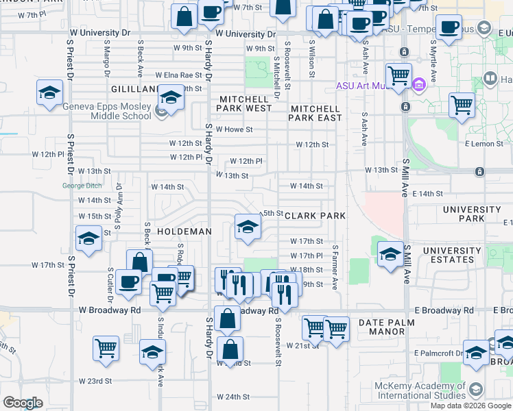 map of restaurants, bars, coffee shops, grocery stores, and more near 706 West Parkway Boulevard in Tempe