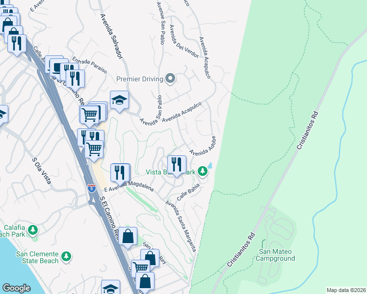 map of restaurants, bars, coffee shops, grocery stores, and more near 206 Avenida Adobe in San Clemente