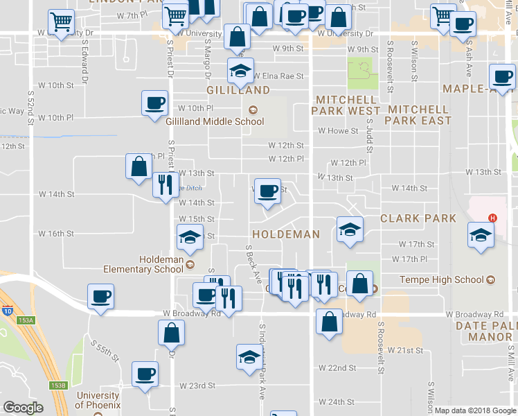 map of restaurants, bars, coffee shops, grocery stores, and more near 1426 South Roberts Road in Tempe