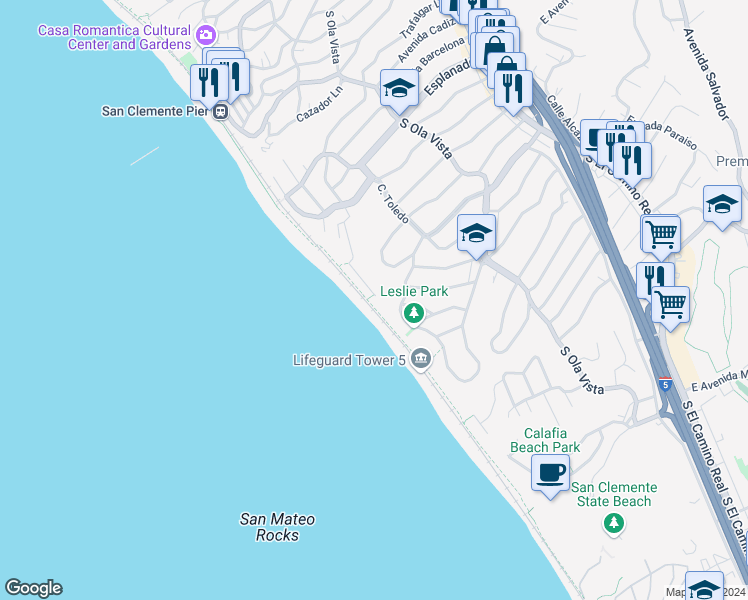 map of restaurants, bars, coffee shops, grocery stores, and more near 328 Boca Del Canon in San Clemente