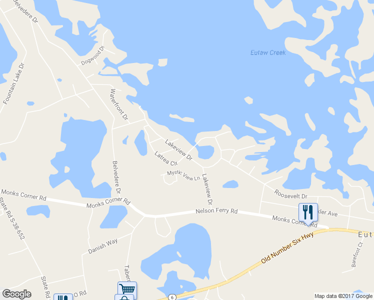 map of restaurants, bars, coffee shops, grocery stores, and more near 213 Lakeview Drive in Eutawville