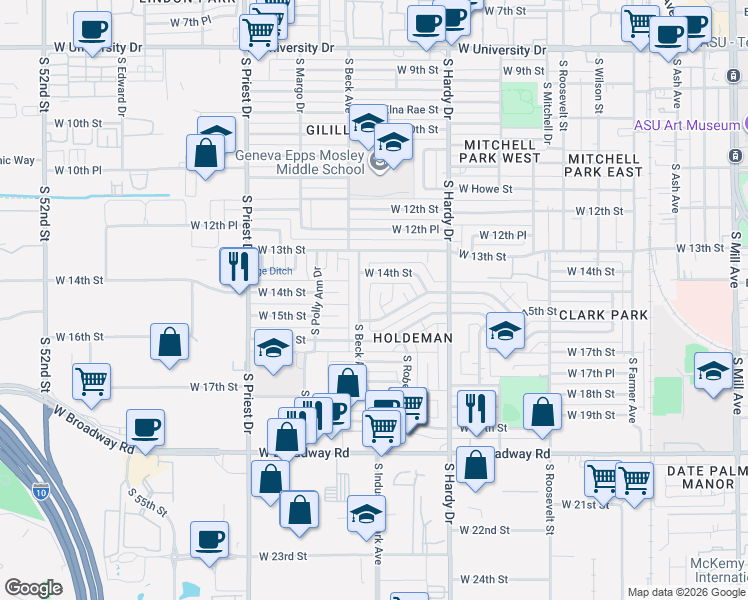 map of restaurants, bars, coffee shops, grocery stores, and more near 1426 South Roberts Road in Tempe